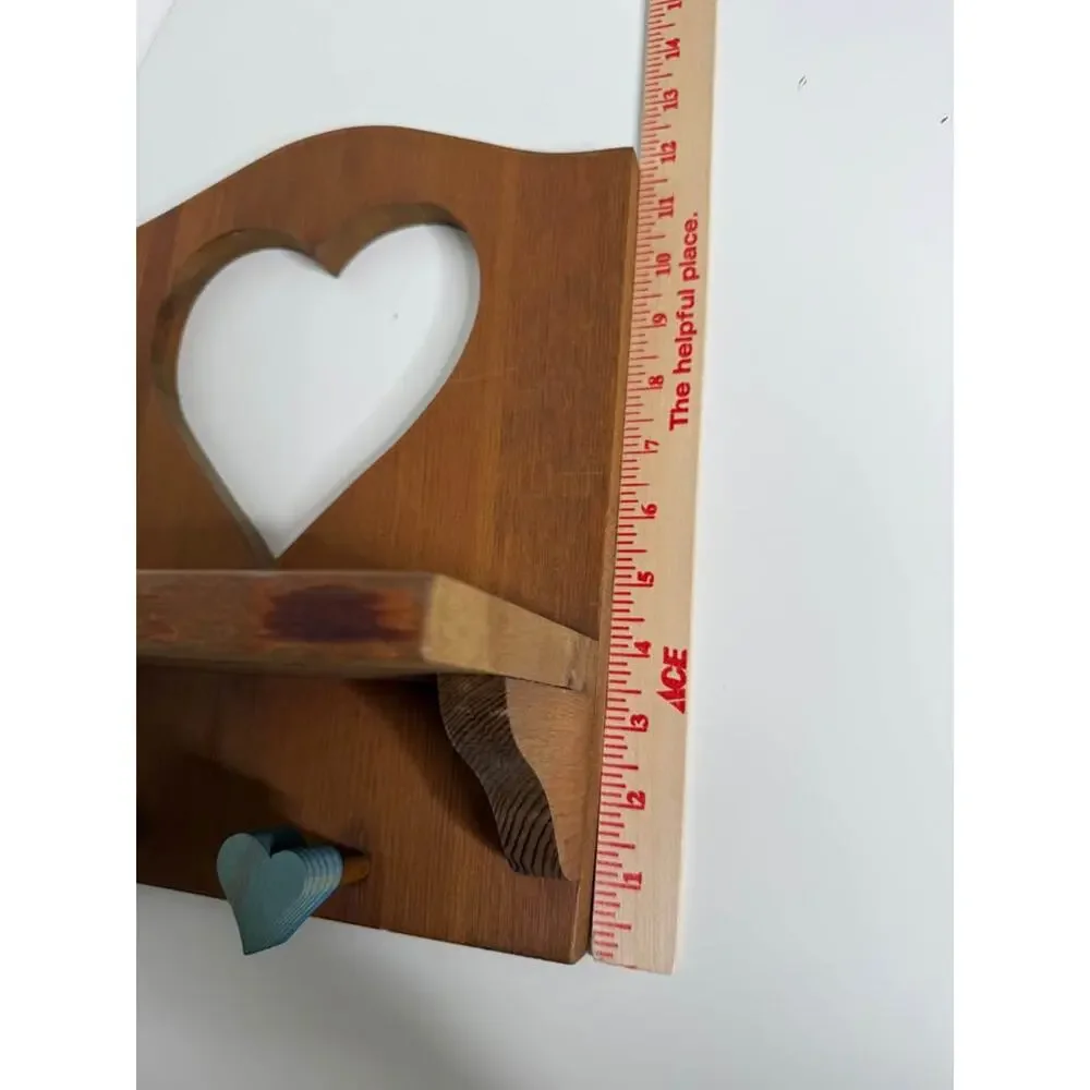 Wooden heart shelf, cut out peg hooks, primitive, solid wood